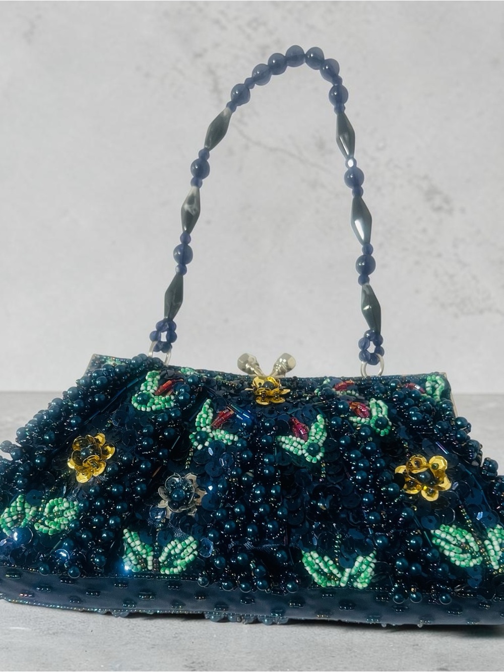 Blue Sequined Beaded Embellished Floral Evening Bag